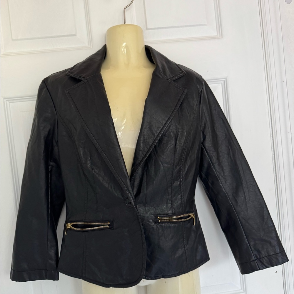 FAUX LEATHER BLACK JACKET BLAZER w/ Zipper Faux Pockets- Goth, Bike by LAST KISS